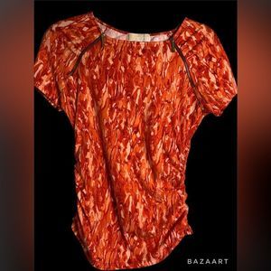 Michael Kors 3/4 Sleeve Ruched Orange & White Toe-Dye Blouse Sz Small